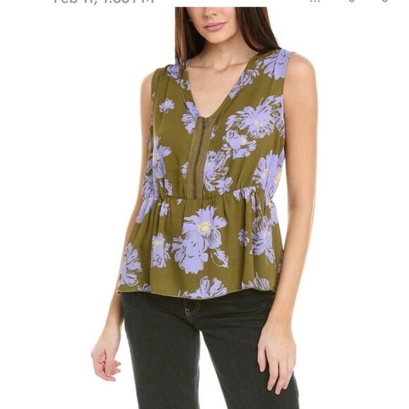 CABI Celebrity Floral Print V-Neck Sleeveless Peplum Top in Olive Green, Lavand - Picture 2 of 13